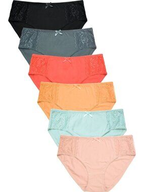 $10 SALE PACK OF 6 Women's Cotton Blend Lace Trim Solid Bikini Panty (LP1563CK)